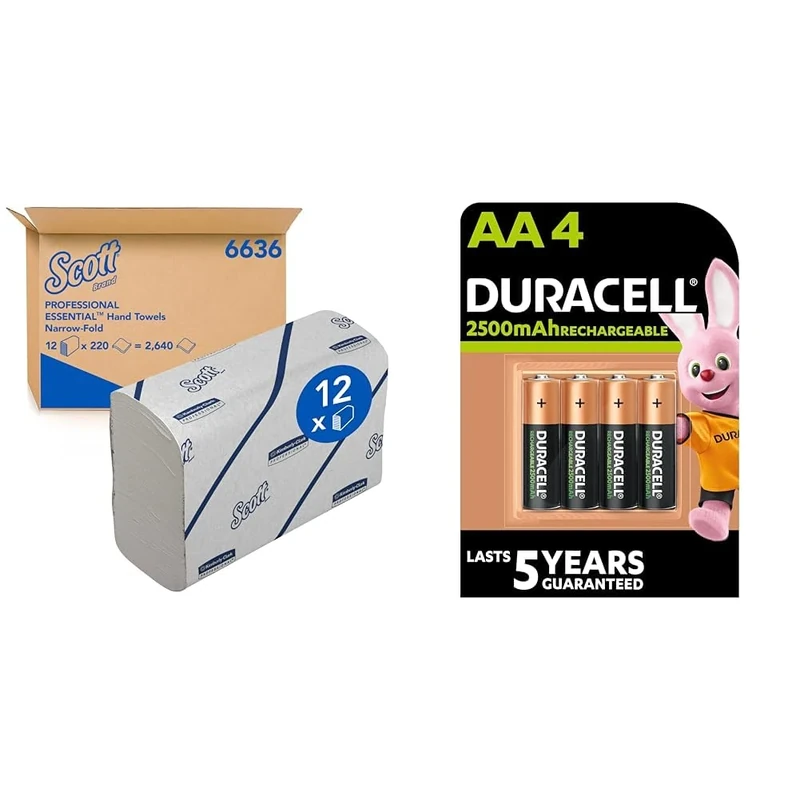 Scott Essential Hand Towels 6636 - Narrow-Fold Paper Hand Towels - 12 Clips x 220 White Paper Towels & Duracell Rechargeable AA Batteries (Pack of 4), 2500 mAh NiMH, pre-Charged