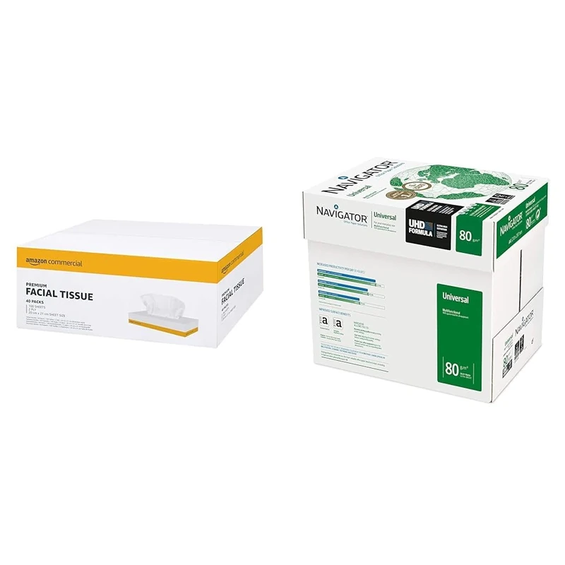 AmazonCommercial 417627 2-Ply Facial Tissues, Pack of 40, 4000 tissues & Navigator Universal A4 80gsm Paper - Box of 5 Reams (5x500 Sheets)