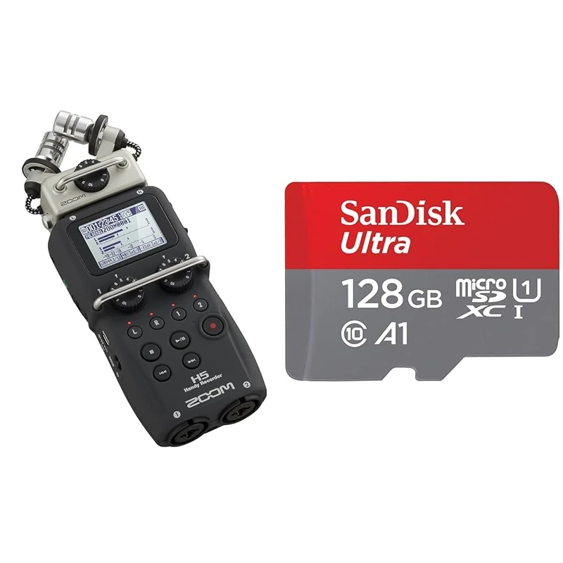 Zoom H5 4-Track Portable Recorder for Audio for Video, Music, and Podcasting, Stereo Microphones & SanDisk 128GB Ultra microSDXC card + SD adapter up to 140 MB/s with A1 App Performance UHS-I
