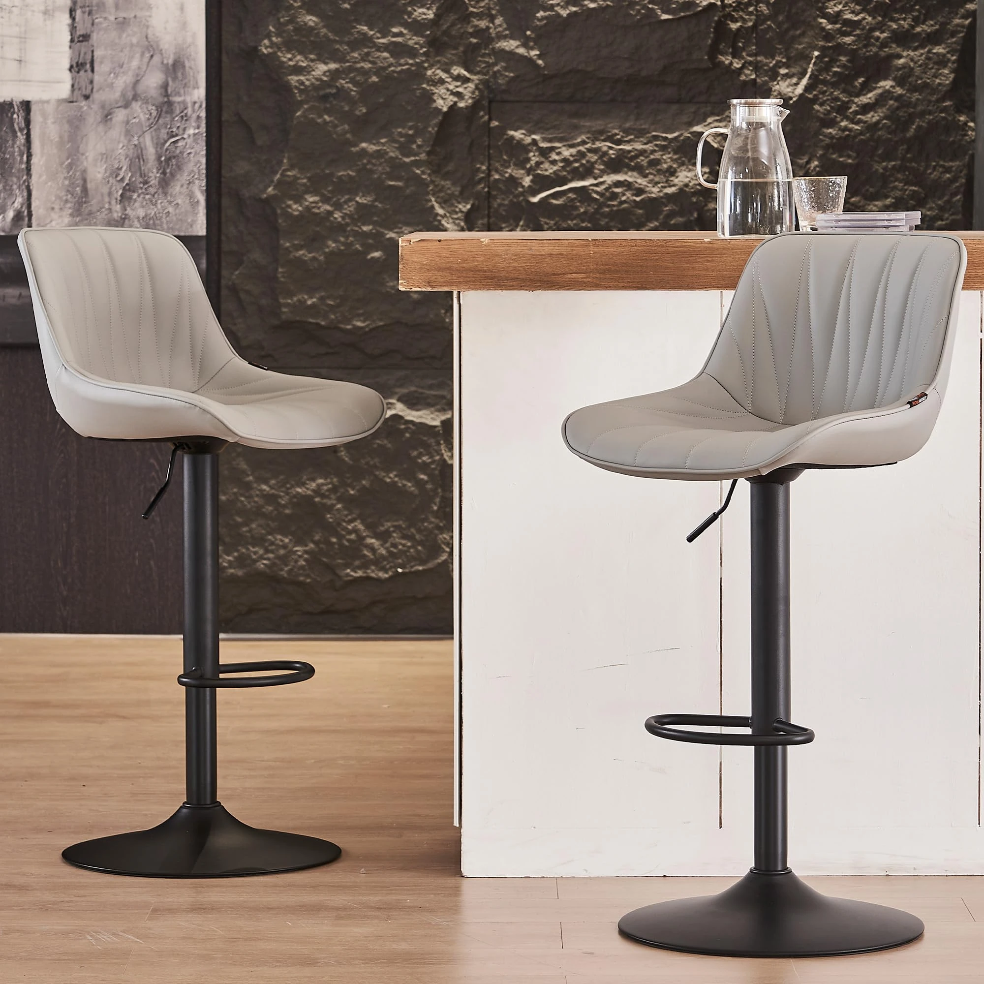 YOUNIKE Bar Stools Set of 2, Swivel Tall Barstools with Back, Adjustable Height Faux Leather Upholstered Modern Counter Height Bar Chairs, Grey