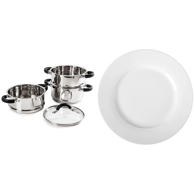 Tower T80836 Essentials Induction Steamer Pans 3 Tier with Glass Lid, Silicone Handles & Amazon Basics 6-Piece White Dinner Plate Set, 10.5 inches - Image 1
