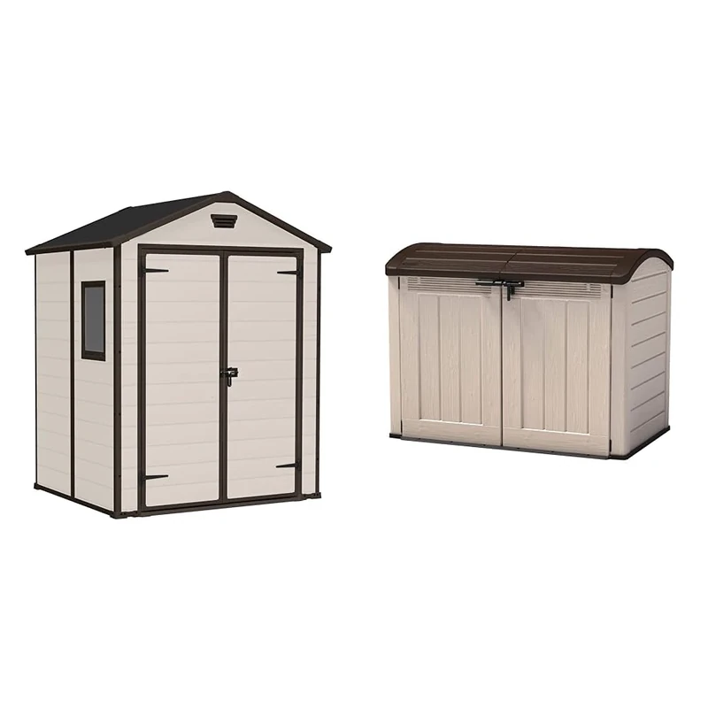 Keter Manor Outdoor Apex Double Door Garden Storage Shed 6 x 5ft Beige Brown Wood effect | Fade Free & Store It Out Ultra Outdoor Garden Storage Shed, 177 x 113 x 134 cm - Beige and Brown