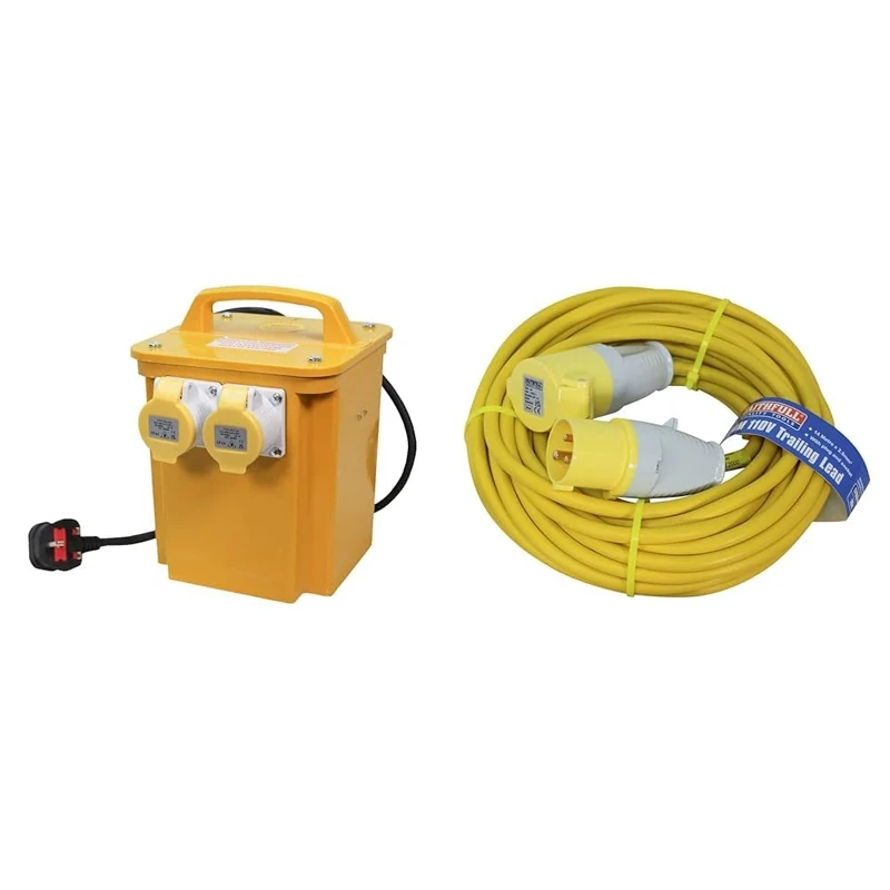 Faithfull FPPTRAN33A 3.3kVA 110V Twin Outlet (2 Socket) Site Transformer 2M HD Rubber Cable & FPPTL14HDUTY 14 Metre L/V Heavy Duty Trailing Lead Extension Lead 110Volt 16A 2.5mm Cable