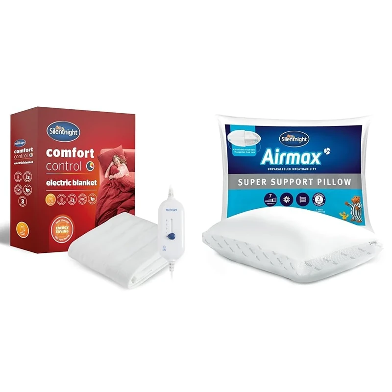 Silentnight Comfort Control Electric Blanket - Heated Electric Fitted Underblanket & Airmax Super Support Pillow - Orthopedic Breathable Cooling Foam Pillow
