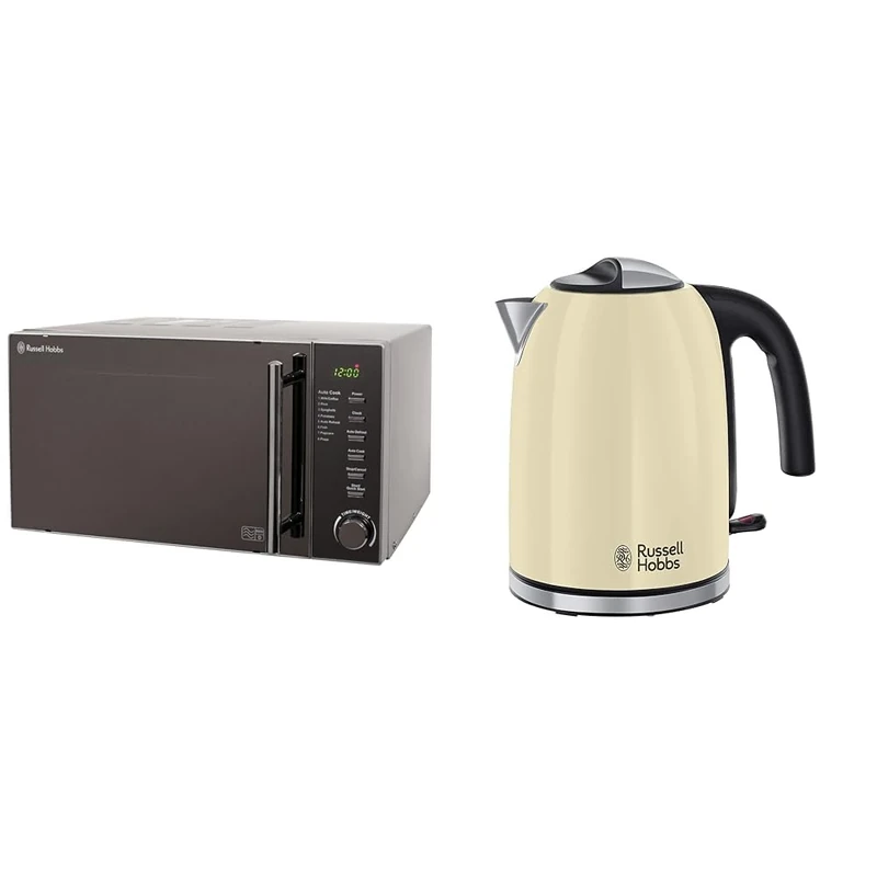 Russell Hobbs RHM2017 20L 800W Silver Digital Microwave, Child Safety Lock, Automatic Defrost & Cream Stainless Steel 1.7L Cordless Electric Kettle with black handle
