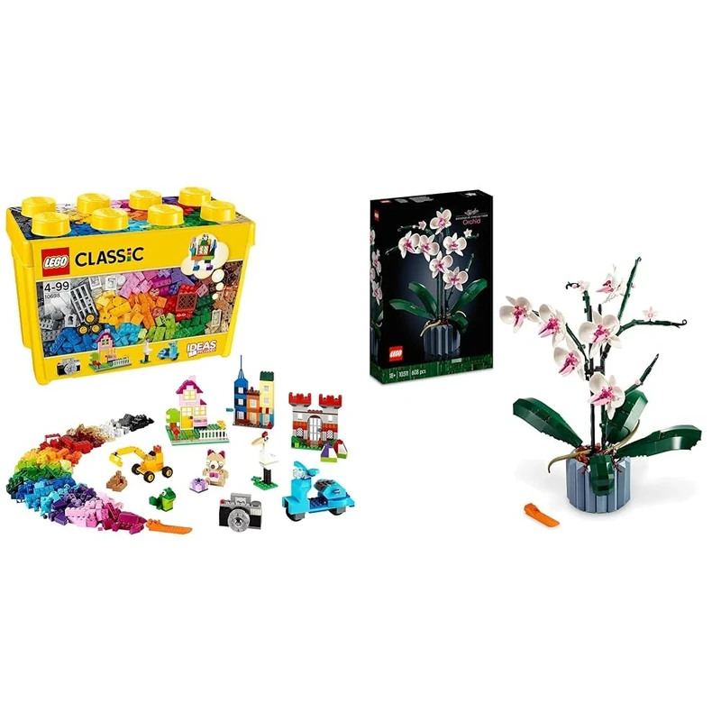 LEGO 10698 Classic Large Creative Brick Storage Box Set, Building Toys for 4 Plus Year Old Kids & 10311 Icons Orchid Artificial Plant Building Set with Flowers, Home Décor Accessory for Adults