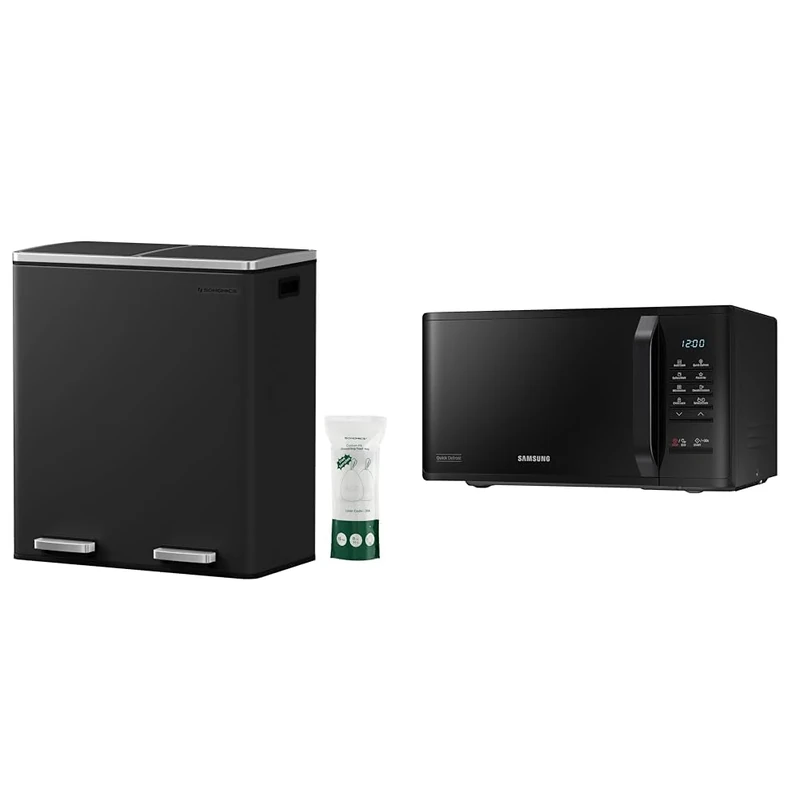SONGMICS Double Rubbish Bin, 2 x 30L Waste and Recycling Kitchen Bin with 15 Rubbish Bags & Samsung MS23K3513AK Solo Microwave, 23 Litre, Black