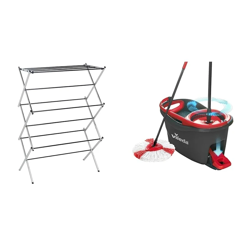 Amazon Basics Foldable Concertina Indoor Clothes Airer - Chrome & Vileda Turbo Microfibre Mop And Bucket Set, Spin Mop For Cleaning Floors, Set Of 1 Mop And 1 Bucket
