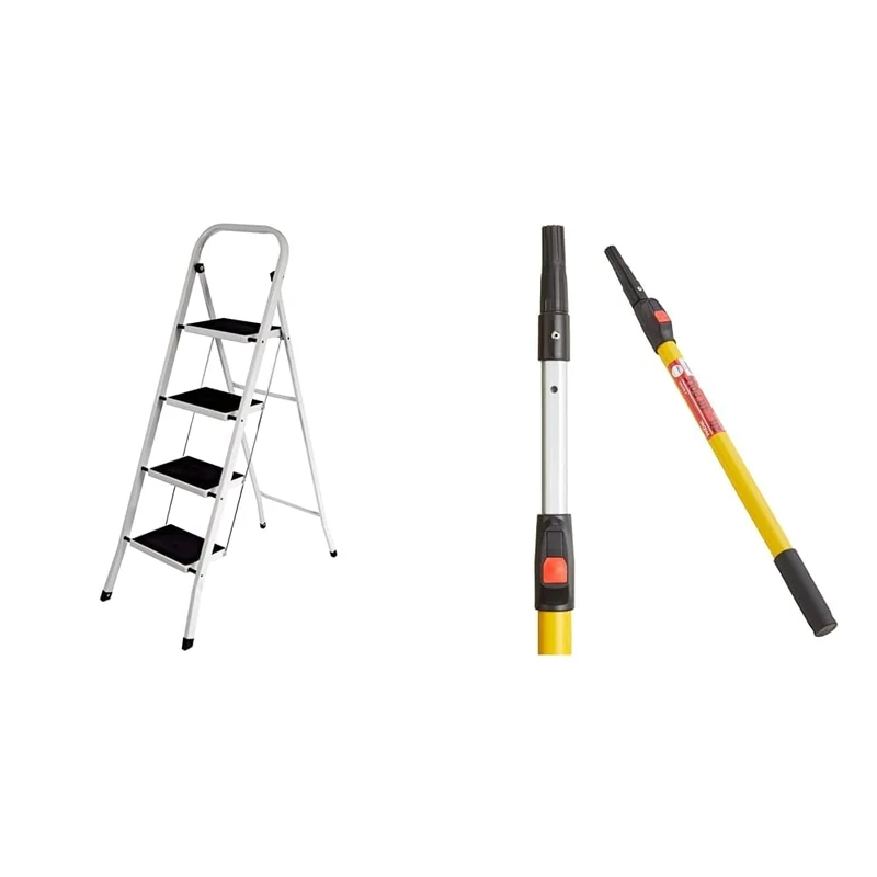 Home Vida 4 Step Ladder, Heavy Duty Steel, Folding, Portable with Anti-Slip Mat & ProDec 2' - 4' (0.6-1.2m) Button Lock Fibreglass & Aluminium Extension Pole for Paint Roller Frames - Image 1