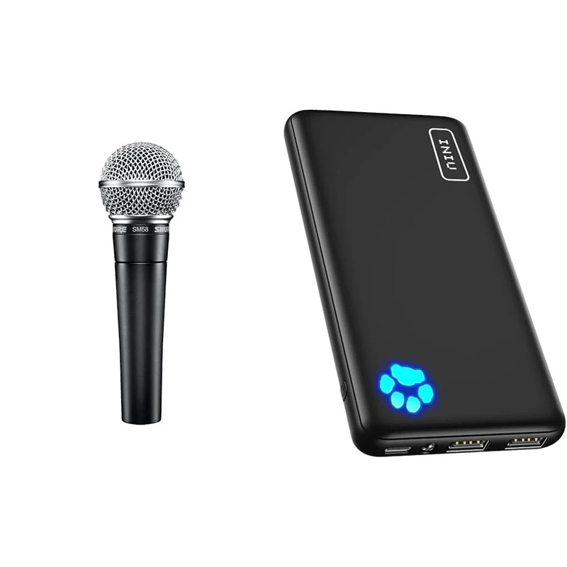 Shure SM58-LC Cardioid Dynamic Vocal Microphone with Pneumatic Shock Mount, Spherical Mesh Grille & INIU Power Bank, Portable Charger 10000mAh Slimmest & Lightest High-Speed USB C Input & Output