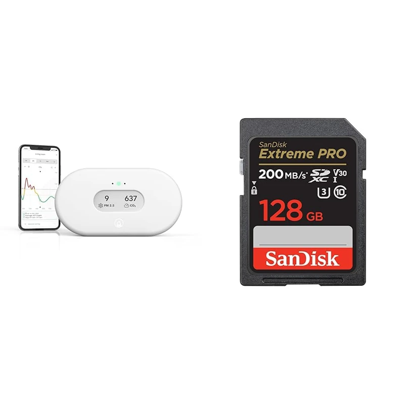 Airthings 2960 View Plus - Radon and Air Quality Monitor with PM 2.5, CO2, VOC, Humidity & SanDisk 128GB Extreme PRO SDXC card + RescuePRO Deluxe, up to 200MB/s, UHS-I, Class 10, U3, V30