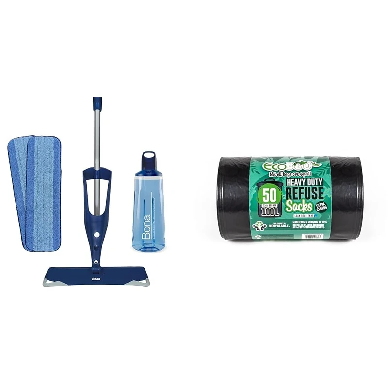 Bona Premium Spray Mops for Floors, Wood, Bona Floor Mops for Cleaning Floors & Eco Bag 50 Heavy Duty Refuse Sacks, Black, 1x