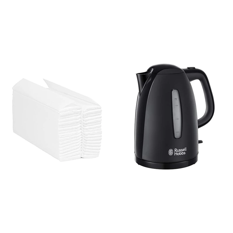 Blake & White PS1022 Purely Smile C-Fold Hand Towel White | 2 Ply | Case of 2400 Towels White & Russell Hobbs Textures Electric 1.7L Cordless Kettle (Fast Boil 3KW, Black Premium Plastic, matt