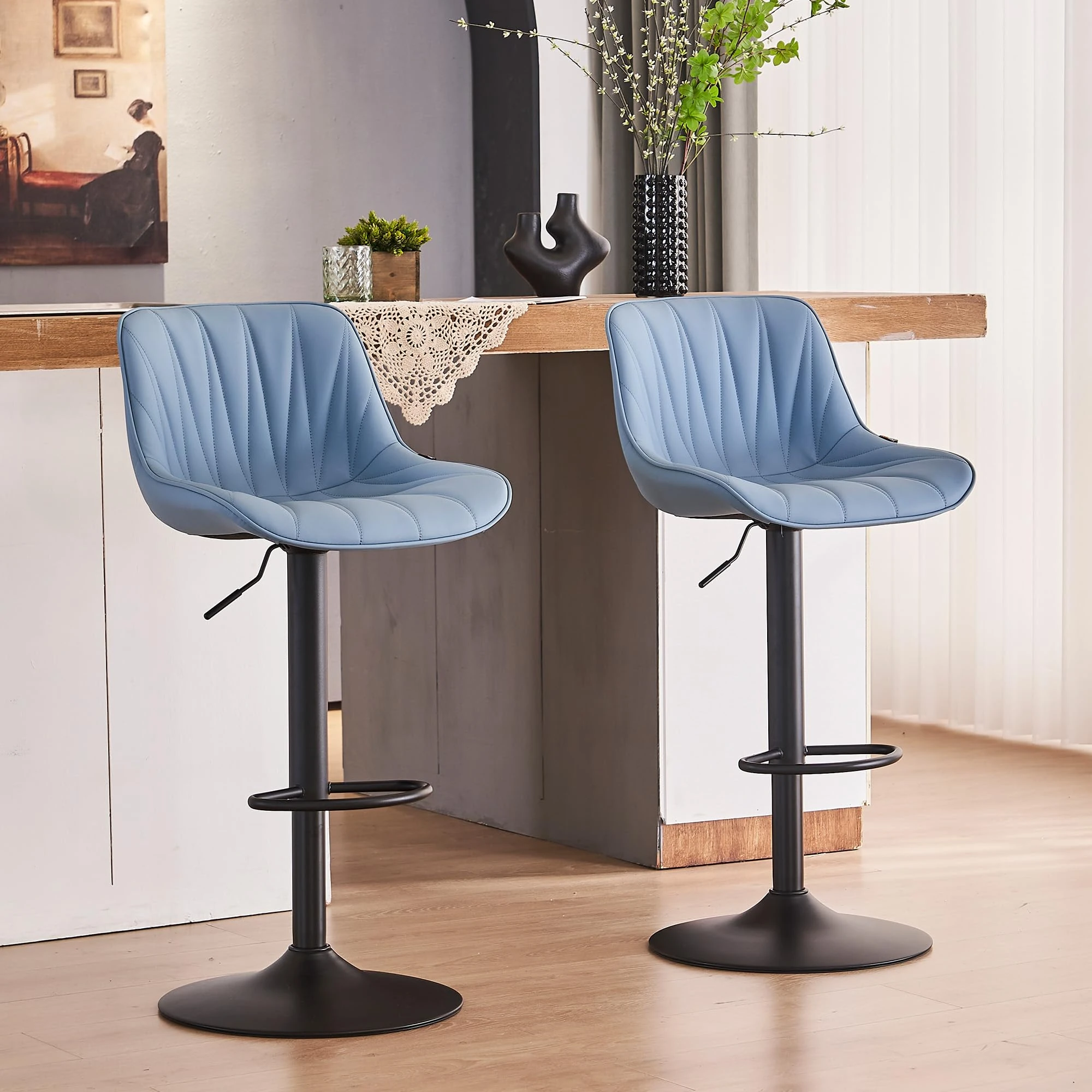 YOUNIKE Bar Stools Set of 2, Swivel Tall Barstools with Back, Adjustable Height Faux Leather Upholstered Modern Counter Height Bar Chairs, Blue