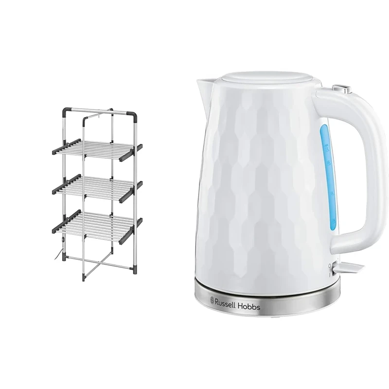 Black+Decker 63099 3-Tier Heated Clothes Airer Aluminium, Cool Grey, 140cm x 73cm x 68cm & Russell Hobbs Honeycomb Electric 1.7L Cordless Kettle (Fast Boil 3KW, White premium plastic)