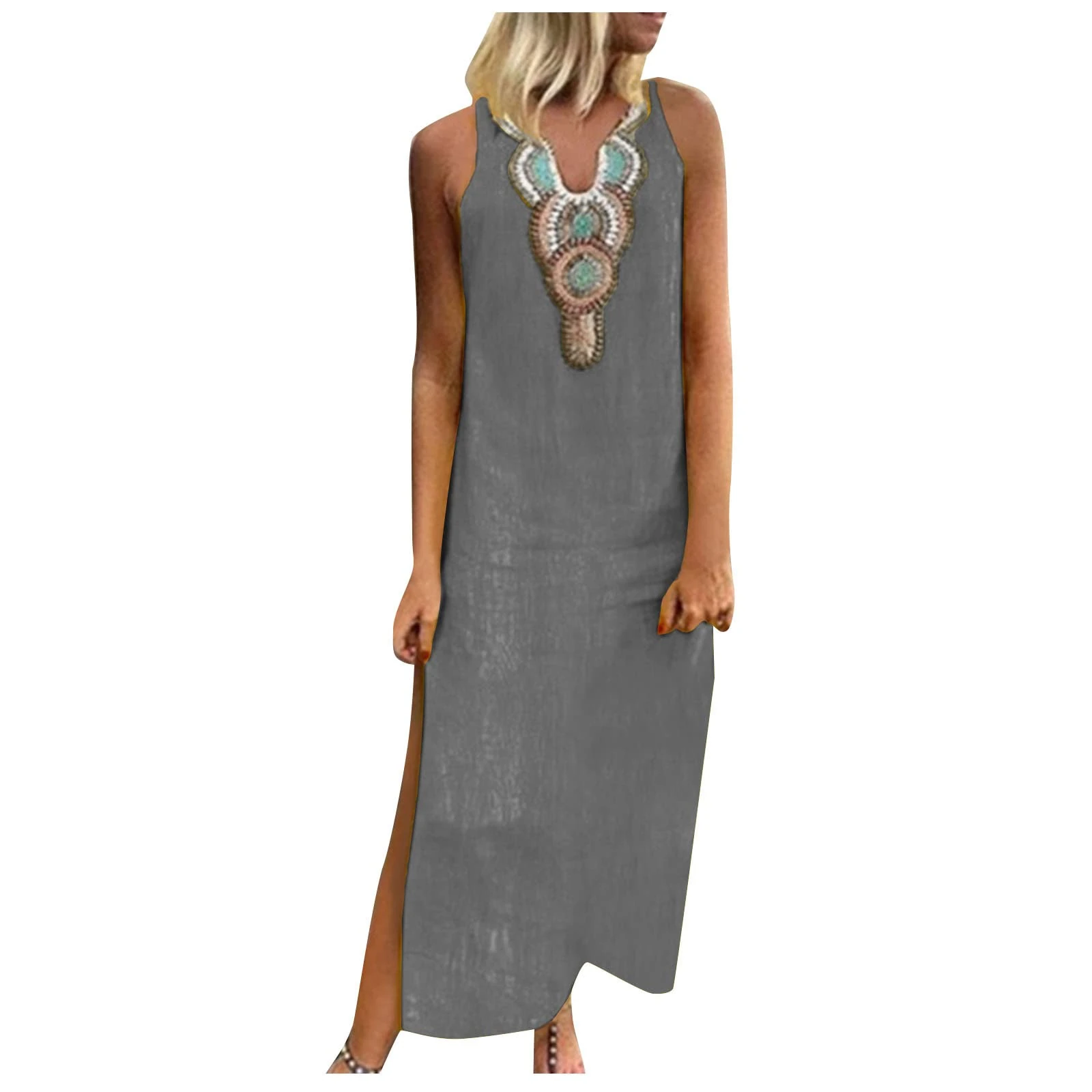 Women Plus Size Linen Dresses Retro Ethnic Print Maxi Dress Sleeveless High Split Long Dress Summer Beach Boho Sundress Vintage A-Line Loose Vest Dress Gray
