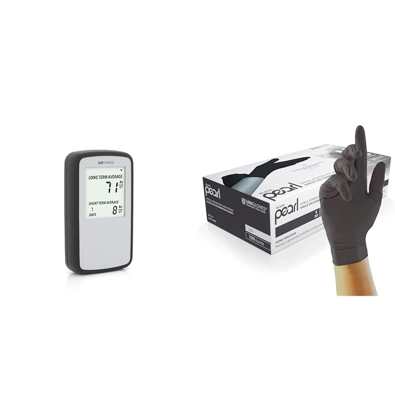 Airthings Corentium Home Radon Detector - 224 Portable, Lightweight, Easy-to-Use, (3) AAA Battery & Unigloves Black Pearl Nitrile Examination Gloves - Multipurpose, Powder Free, Medium (GP0033) - Image 1
