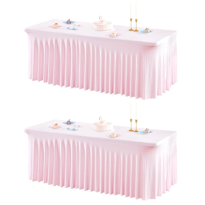 2 Packs Baby Pink Spandex Tableclothes for 8 Foot Rectangle Table, Spandex Table Covers 8FT Stretch Table Skirts Rectangle Wrinkle Free Fitted Table Cover for Event, Wedding, Banquet & Parties