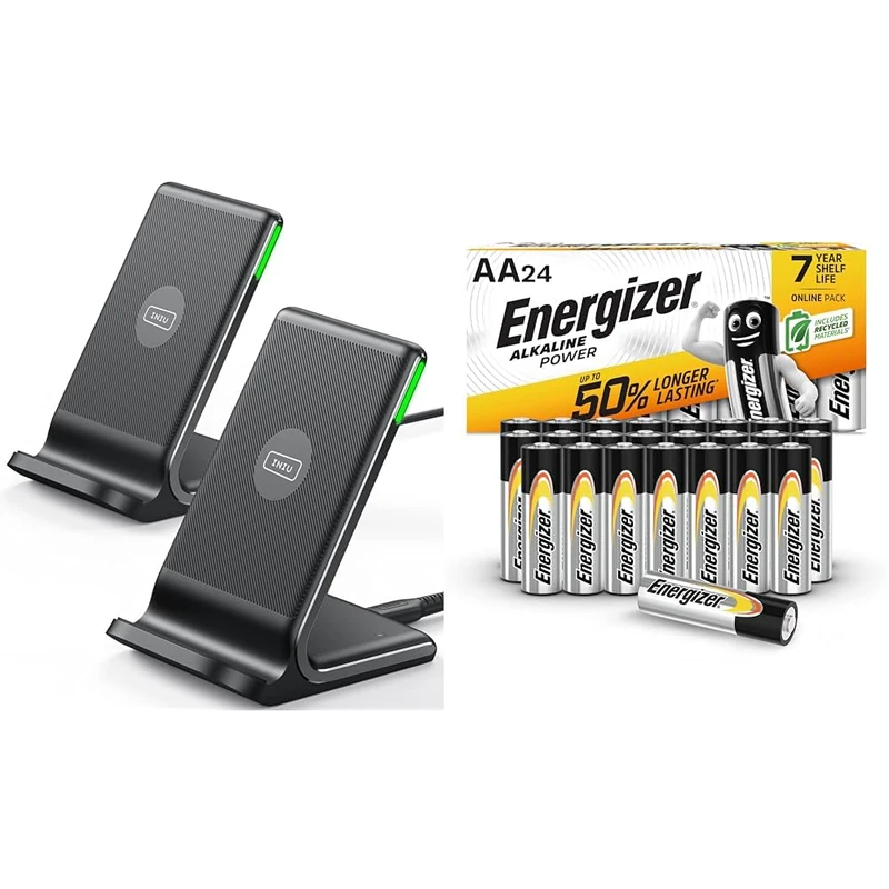 INIU Wireless Charger 2-Pack, 15W Qi Certified Fast Wireless Charger Stand with Sleep-friendly Light & Energizer AA Batteries, Alkaline Power, 24 Pack, Double A Battery Pack - Amazon Exclusive - Image 1