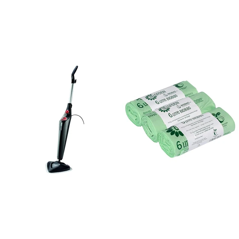 Vileda Steam Mop Plus, UK Version, Black, Efficient and Hygienic Cleaning for Floors & 6 Litre x 150 All-Green Compostable Kitchen Caddy Liners - Food Waste Bin Liners - EN 13432-6L Bags