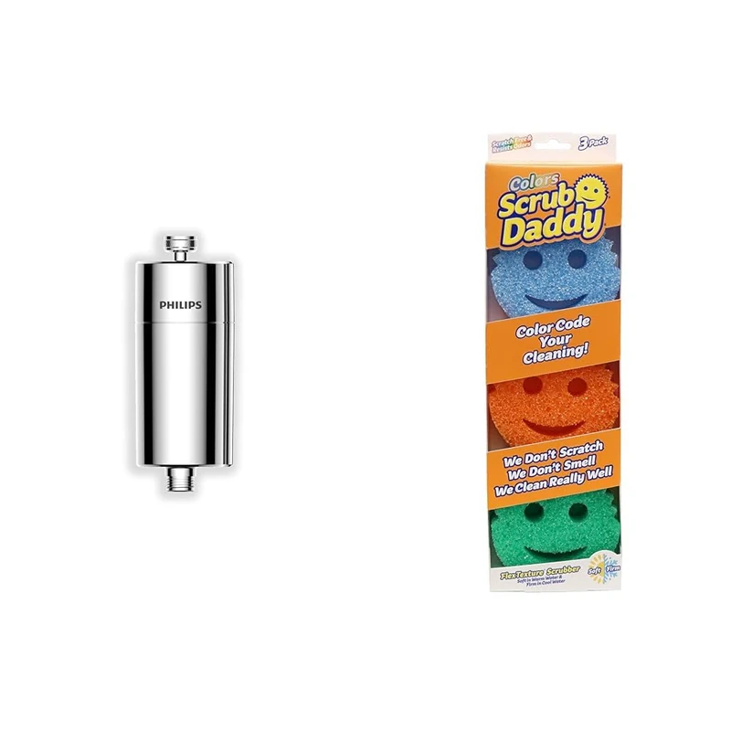 Philips Water - in-Line Shower Filter, Reduces Chlorine by up to 99%, Easy to Instal & Scrub Daddy Colors, Sponge Scrubber Multipack, Dish Sponges for Washing Up