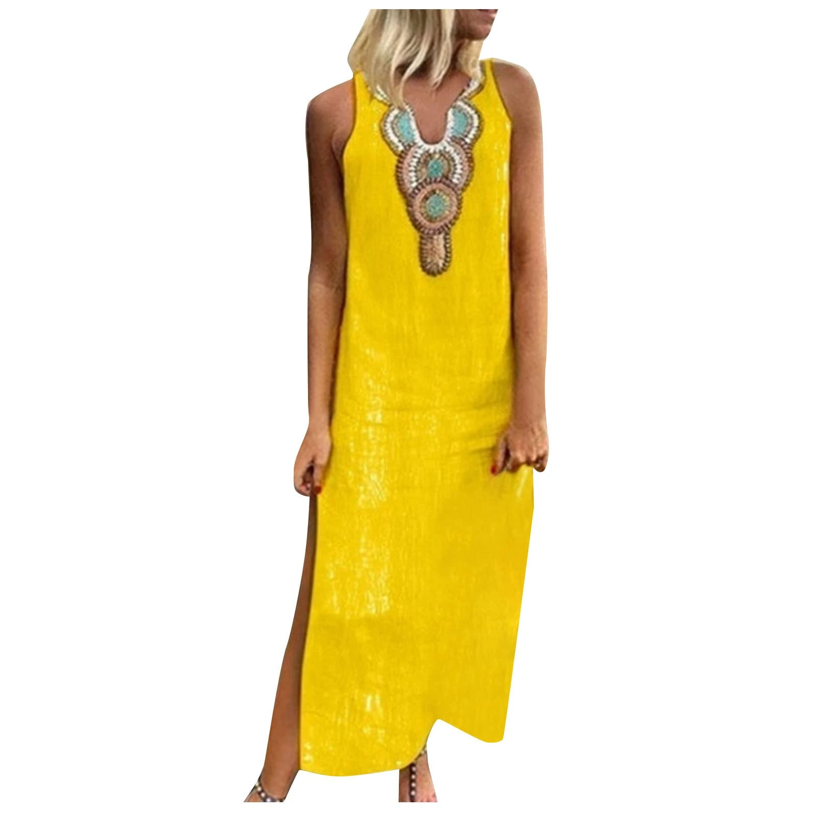Women Plus Size Linen Dresses Retro Ethnic Print Maxi Dress Sleeveless High Split Long Dress Summer Beach Boho Sundress Vintage A-Line Loose Vest Dress Yellow
