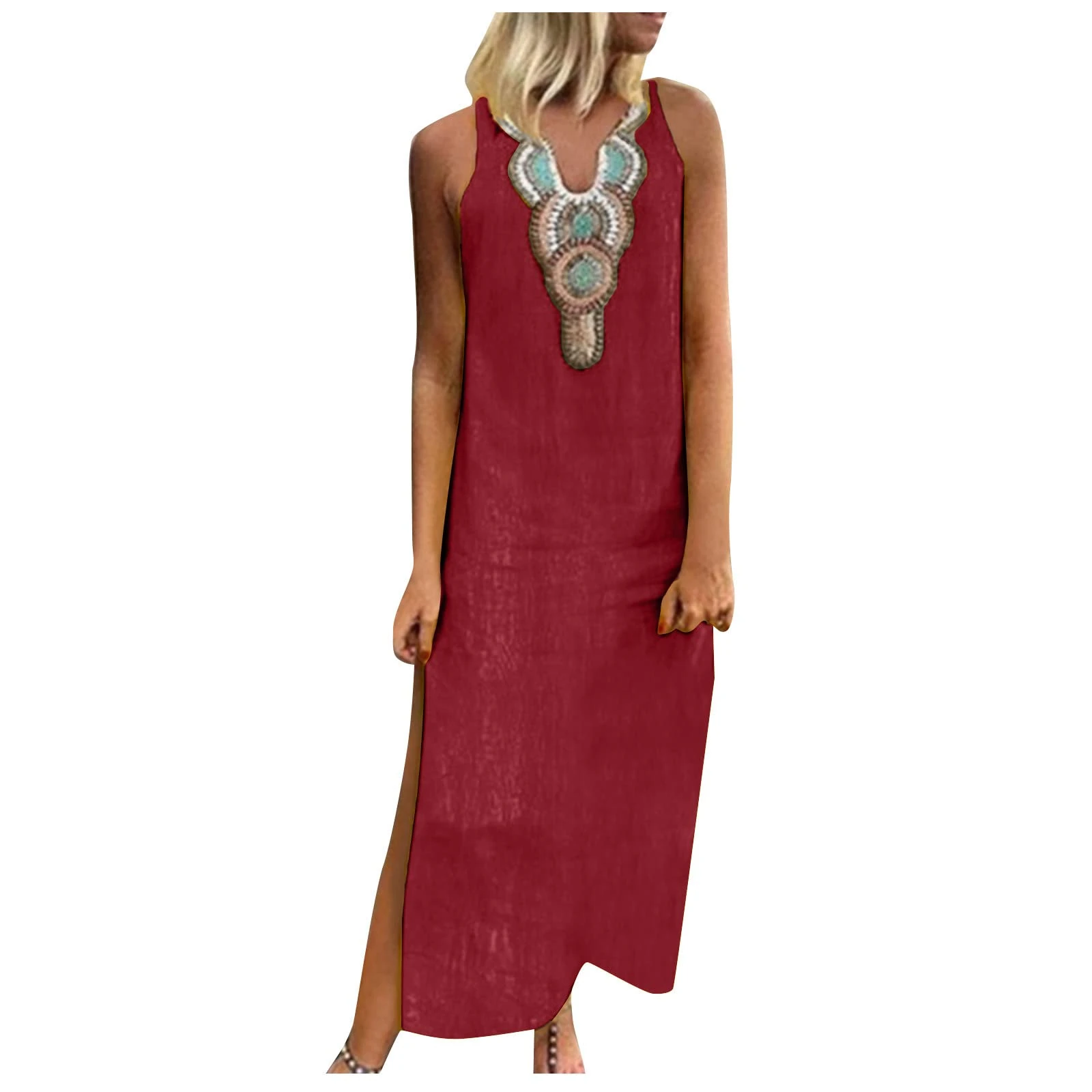 Women Plus Size Linen Dresses Retro Ethnic Print Maxi Dress Sleeveless High Split Long Dress Summer Beach Boho Sundress Vintage A-Line Loose Vest Dress Wine