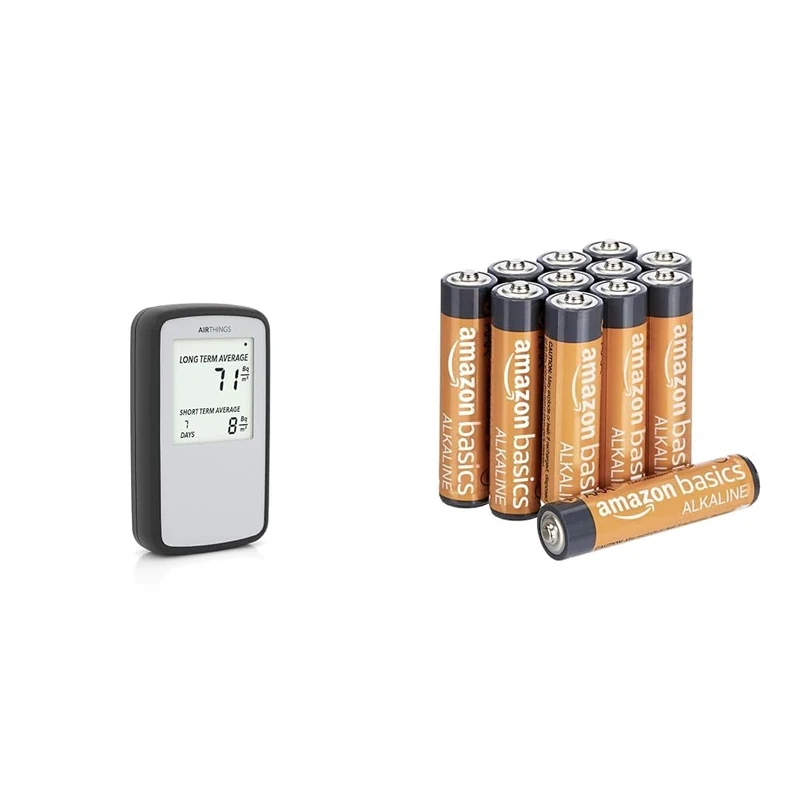 Airthings Corentium Home Radon Detector - 224 Portable, Lightweight, Easy-to-Use, (3) AAA Battery & Amazon Basics AAA Alkaline Batteries, High-Performance (Triple A), 10-Year Shelf Life, 12-Pack