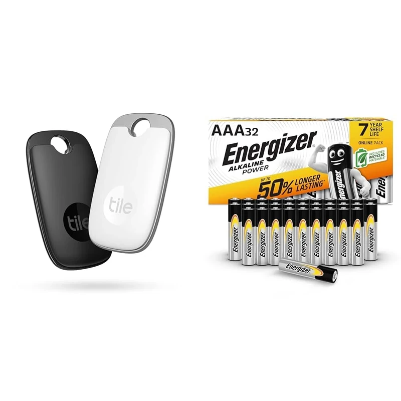 Tile Pro (2022) Bluetooth Item Finder, 2 Pack, 120m finding range, works with Alexa and Google Smart Home & Energizer AAA Batteries, Alkaline Power, Triple A Battery Pack, 32 Pack (Packaging May Vary)