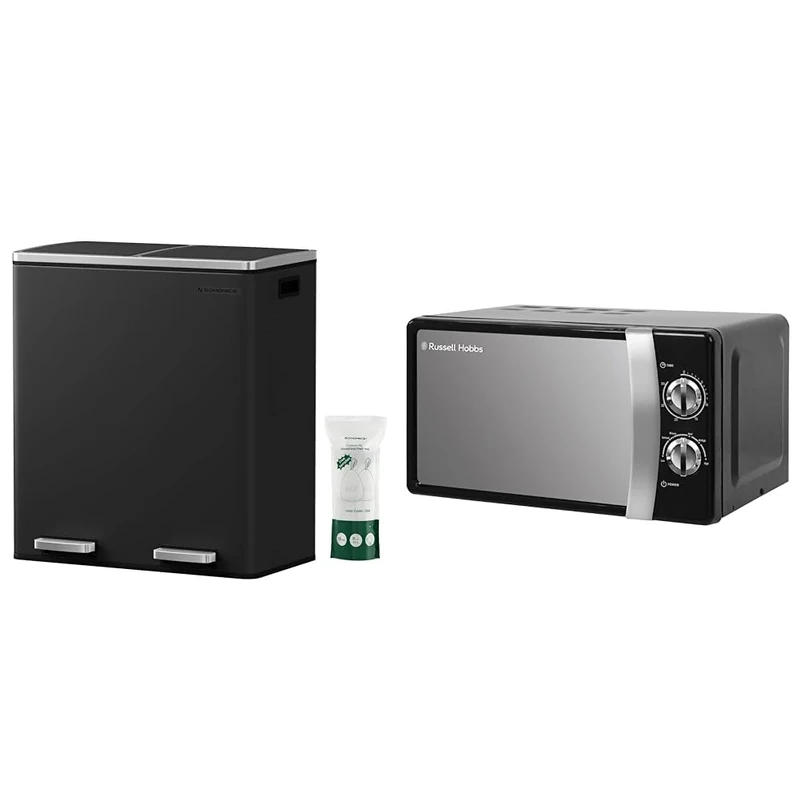 SONGMICS Double Rubbish Bin, 2 x 30L Waste and Recycling Kitchen Bin with 15 Rubbish Bags & Russell Hobbs RHMM701B 17 Litre 700 W Black Solo Manual Microwave with 5 Power Levels