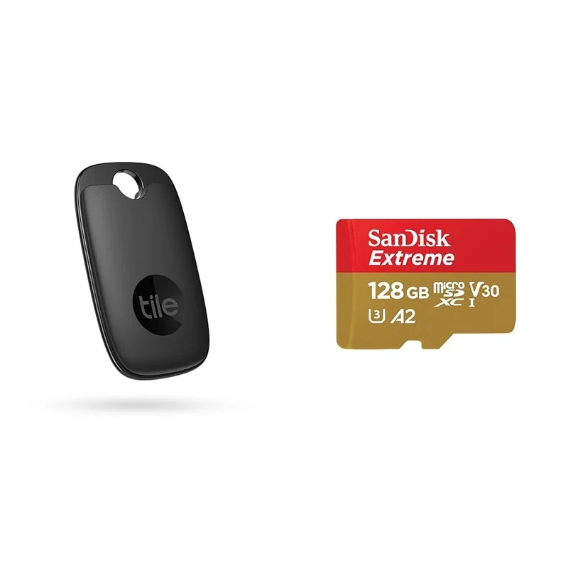 Tile Pro (2022) Bluetooth Item Finder, 1 Pack, 120m finding range, works with Alexa and Google & SanDisk 128GB Extreme microSDXC card + SD adapter + RescuePRO Deluxe, up to 190MB/s
