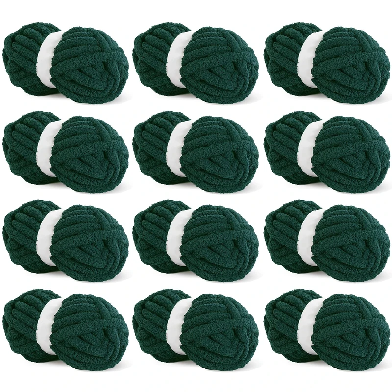 HOMBYS Dark Green Chunky Chenille Yarn for Crocheting, Bulky Thick Fluffy for Knitting, Super Bulky for Hand Knitting Blanket, Soft Plush, 12 Jumbo Pack (27 Yds, 8 Oz Each Skein)