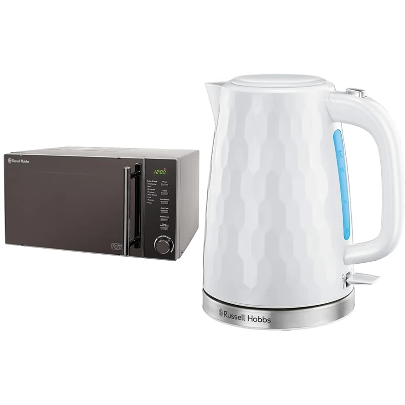 Russell Hobbs RHM2017 20L 800W Silver Digital Microwave, Child Safety Lock, Automatic Defrost & Honeycomb Electric 1.7L Cordless Kettle (Fast Boil 3KW, White premium plastic)