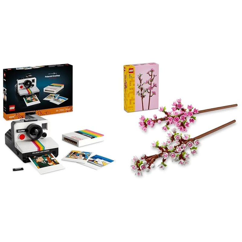 LEGO Ideas Polaroid OneStep SX-70 Camera Vintage Model Kit for Adults to Build & Cherry Blossoms, Artificial Faux Flowers Set, Idea, Makes a Great Desk Decor Accessory