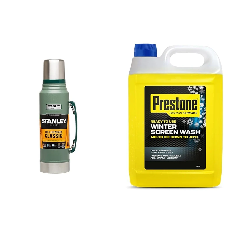Stanley Classic Legendary Bottle 1L - Keeps 24 Hours Hot or Cold - Stainless Steel Thermos Flask & Prestone PSCW0029A Winter Screenwash, 5 Litre - Image 1