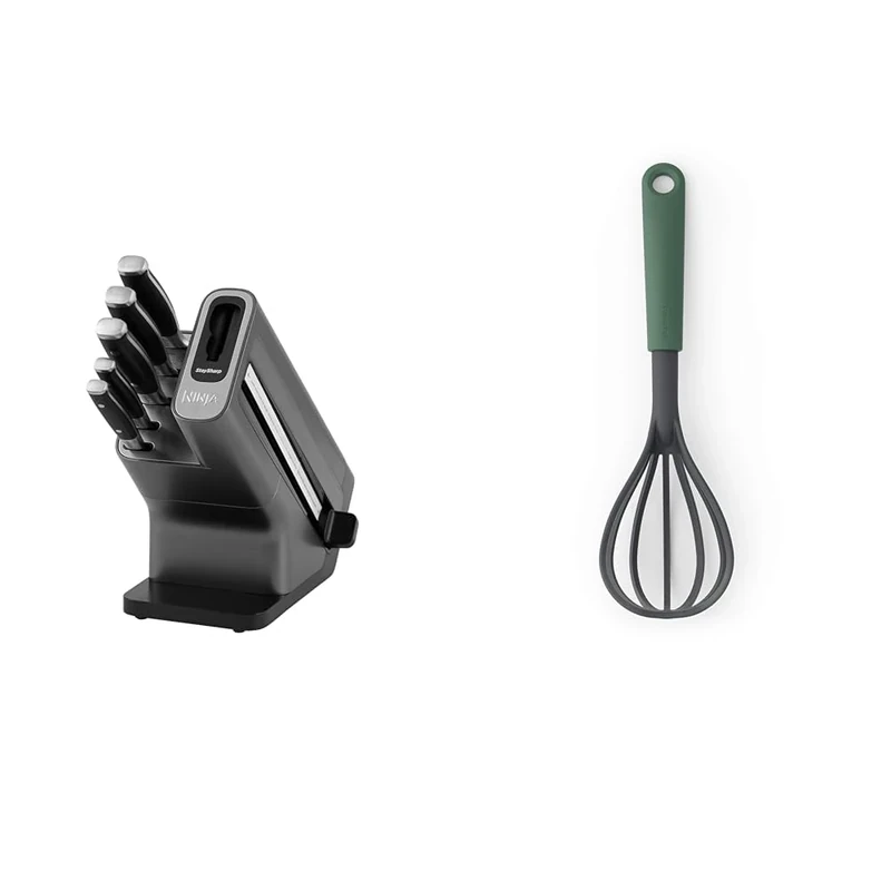 Ninja Foodi StaySharp Knife Block with Integrated Sharpener, 5-Piece Knife Set Includes Chef Knife & Brabantia 122828 Whisk Plus Draining Spoon, Tasty+, Fir Green
