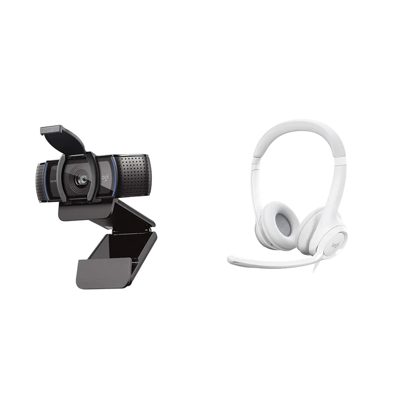 Logitech C920S HD Pro Webcam, Full HD 1080p/30fps Video Calling, Clear Stereo Audio & H390 Wired Headset for PC/Laptop, Stereo Headphones with Noise Cancelling Microphone, Off White