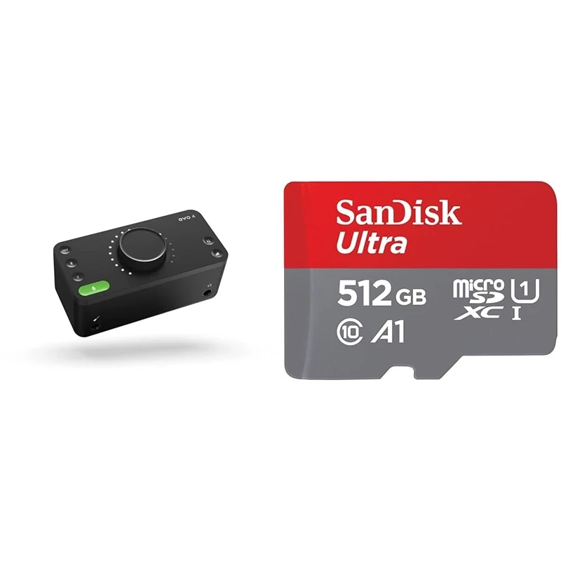 Audient EVO 4 USB Audio Interface sound card for music production, 2 in / 2 out USB audio-interface & SanDisk 512GB Ultra microSDXC card + SD adapter up to 150 MB/s with A1 App Performance UHS-I