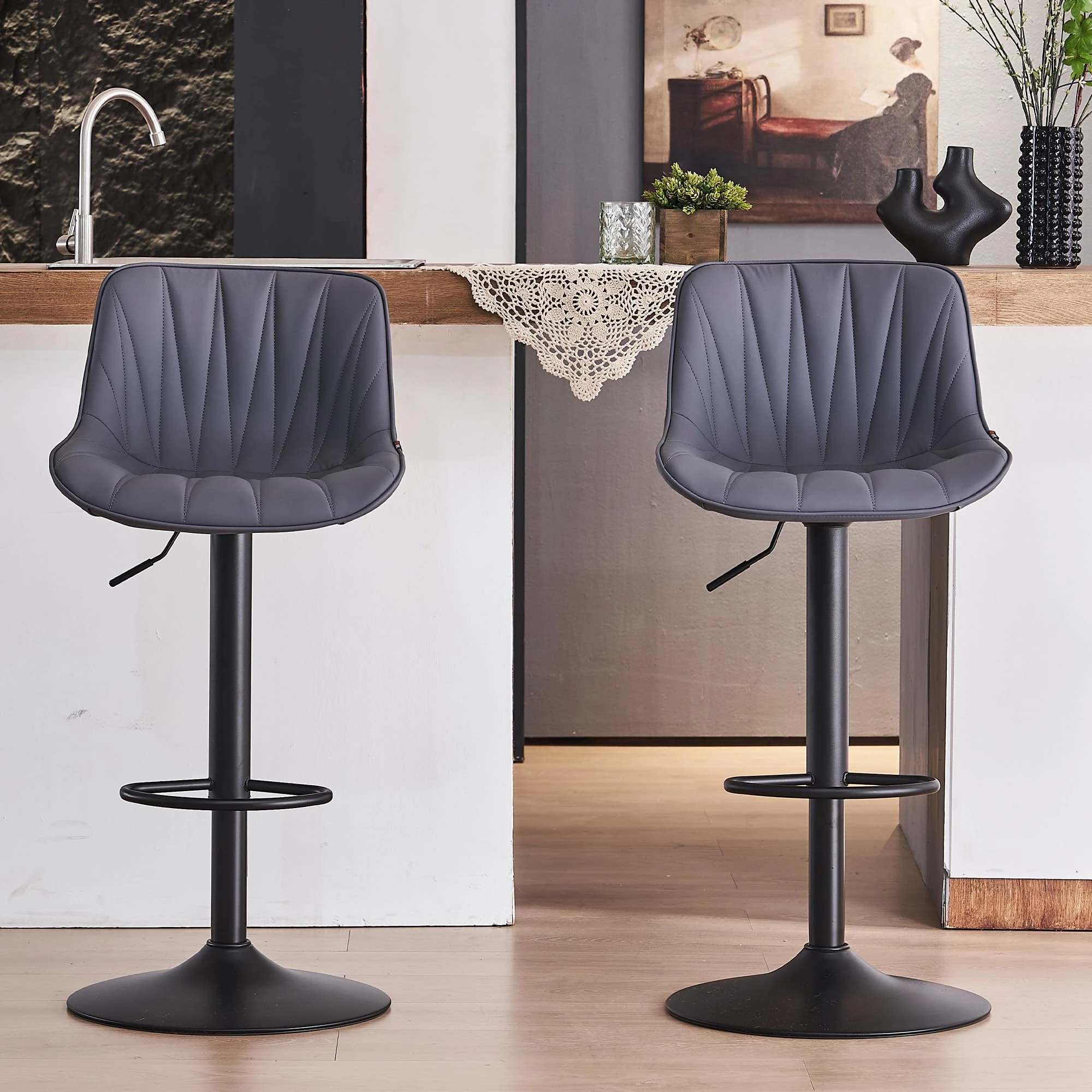YOUNIKE Bar Stools Set of 2, Swivel Tall Barstools with Back, Adjustable Height Faux Leather Upholstered Modern Counter Height Bar Chairs, Greyish Purple