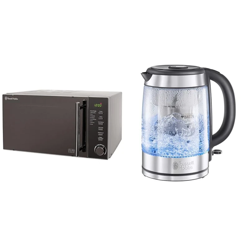 Russell Hobbs RHM2017 20L 800W Silver Digital Microwave, Child Safety Lock, Automatic Defrost & Brita Filter Purity Glass 1.5L Electric Cordless Kettle for cleaner, clearer water