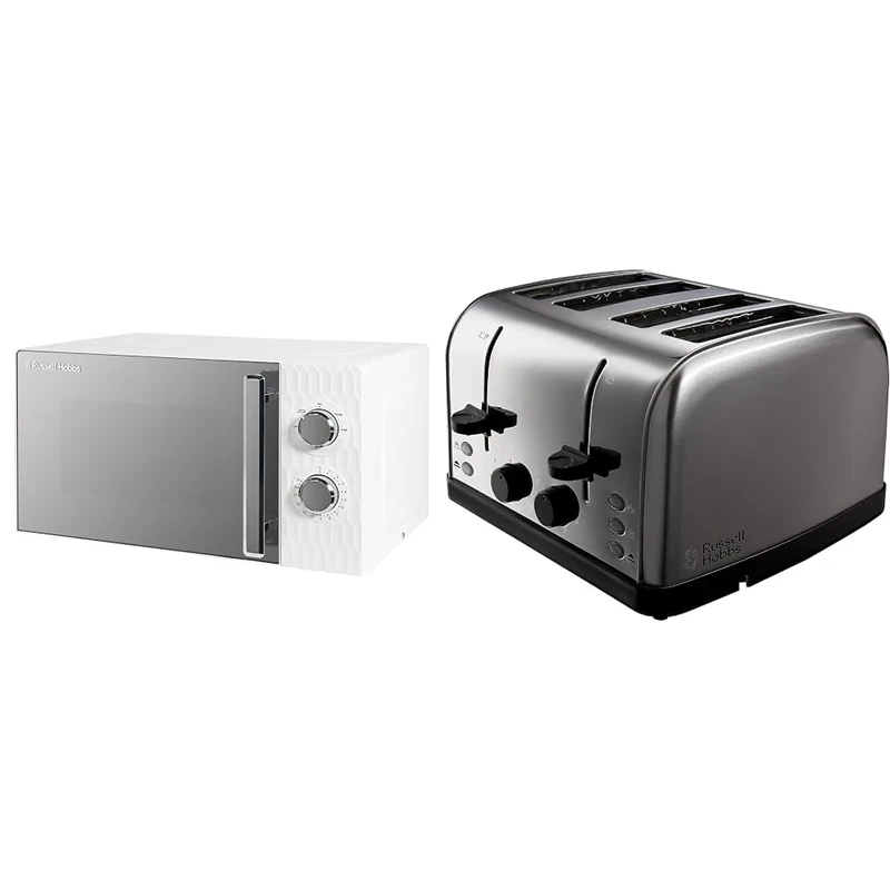 Russell Hobbs Honeycomb RHMM715 17 Litre 700W White Solo Manual Microwave with 5 Power Levels & 4 Slice Toaster (High lift feature, 7 Browning levels, Frozen/Cancel/Reheat function