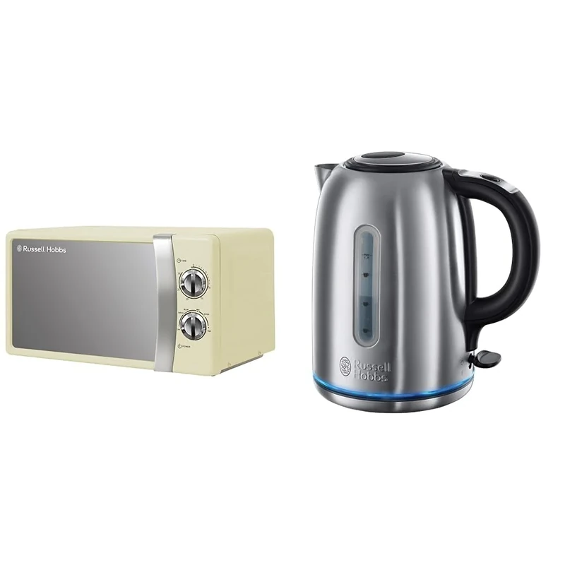 Russell Hobbs RHMM701C 17 Litre 700 W Cream Solo Manual Microwave with 5 Power Levels, Ringer&Timer & Brushed Stainless Steel Electric 1.7L Cordless Kettle (Quiet & Fast Boil 3KW