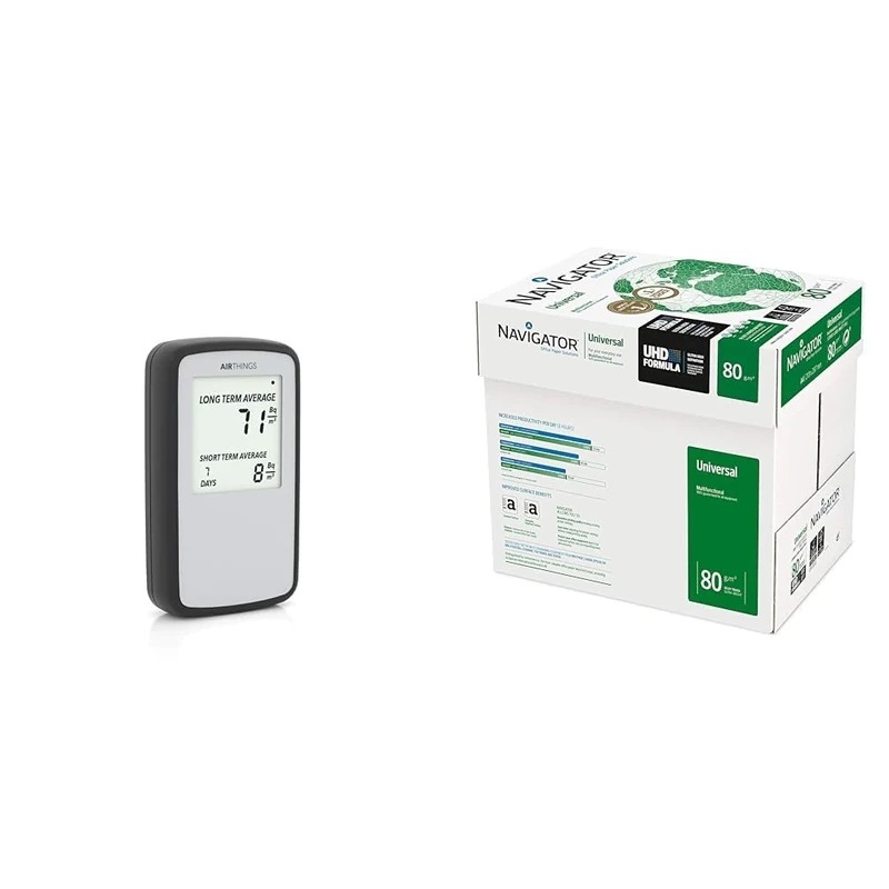 Airthings Corentium Home Radon Detector - 224 Portable, Lightweight, Easy-to-Use, (3) AAA Battery & Navigator Universal A4 80gsm Paper - Box of 5 Reams (5x500 Sheets)