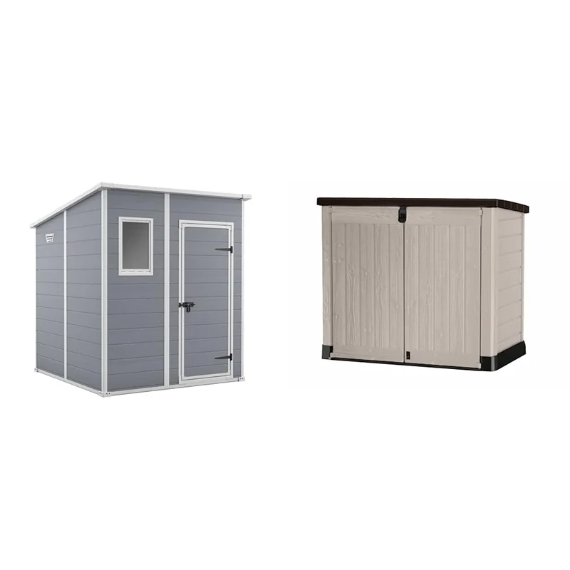 Keter Manor Pent Garden Storage Shed 6 x 6 feet - Grey, 200.6 cm*183.5 cm*183.0 cm & 250001 Store It Out Pro Outdoor Storage Shed, 145.5 x 82 x 123cm Beige/Brown