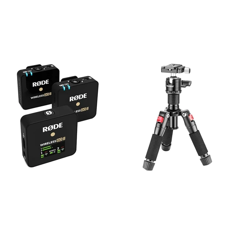 RØDE Wireless GO II Ultra-compact Dual-channel Wireless Microphone System with Built-in Microphones & Neewer Portable Desktop Mini Tripod - Aluminum Alloy 20 inches/50 Centimeters