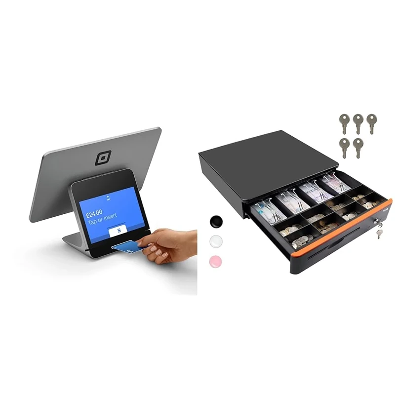 Square Register - Integrated payment terminal & till system for accepting Contactless, Chip & PIN & Tera Auto Open Cash Register (with 5 Keys) Till Drawer Box 4 Bill 8 Coin Cash Drawer Tray