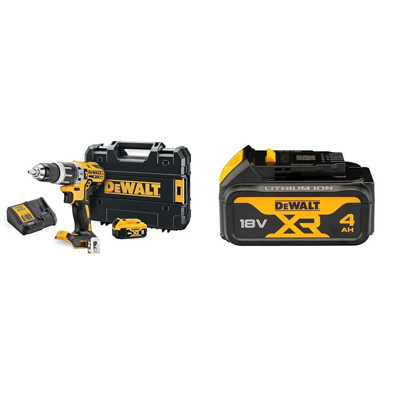 DEWALT DCD796P1-GB XR Brushless Compact Lithium-Ion Combi Drill, 18 V, Yellow/Black, One Size & DCB182-XJ 18V XR Lithium-Ion Battery, Black/Yellow, 4.0Ah