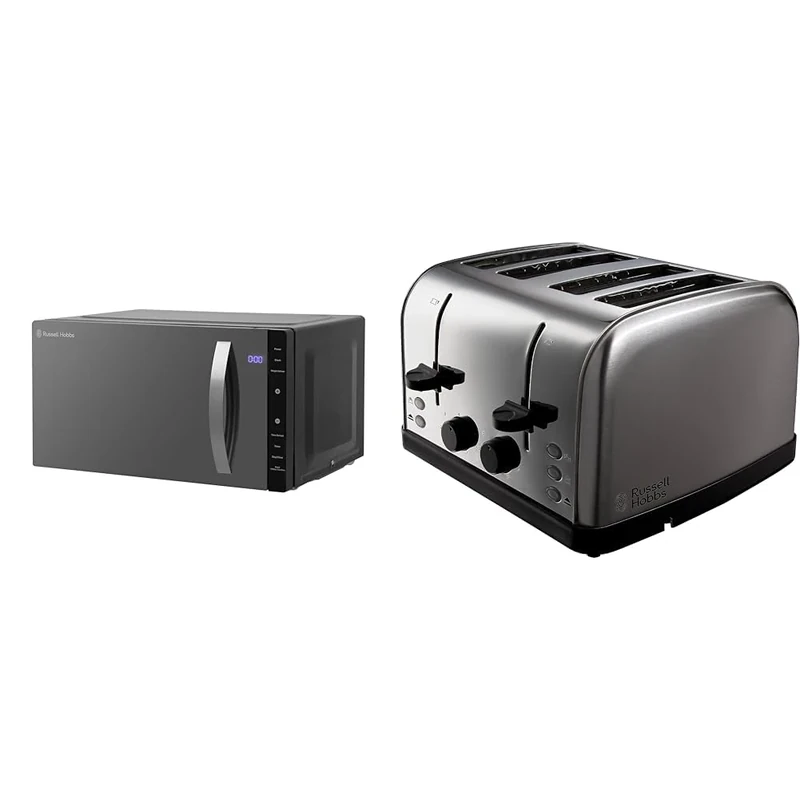 Russell Hobbs RHFM2363B 23 L 800 W Black Digital Flatbed Solo Freestanding Microwave & 4 Slice Toaster (High lift feature, 7 Browning levels, Frozen/Cancel/Reheat function