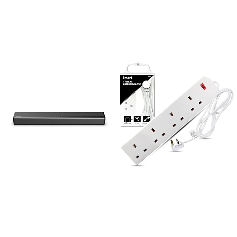 Hisense HS214 2.1Ch All- In-One 108W Soundbar with Built-In Subwoofer, Black, Compact Design, AUX & Heavy Duty Extension Lead UK Pin Plug and Cable, 4 Gang Way 2m Power Adapter