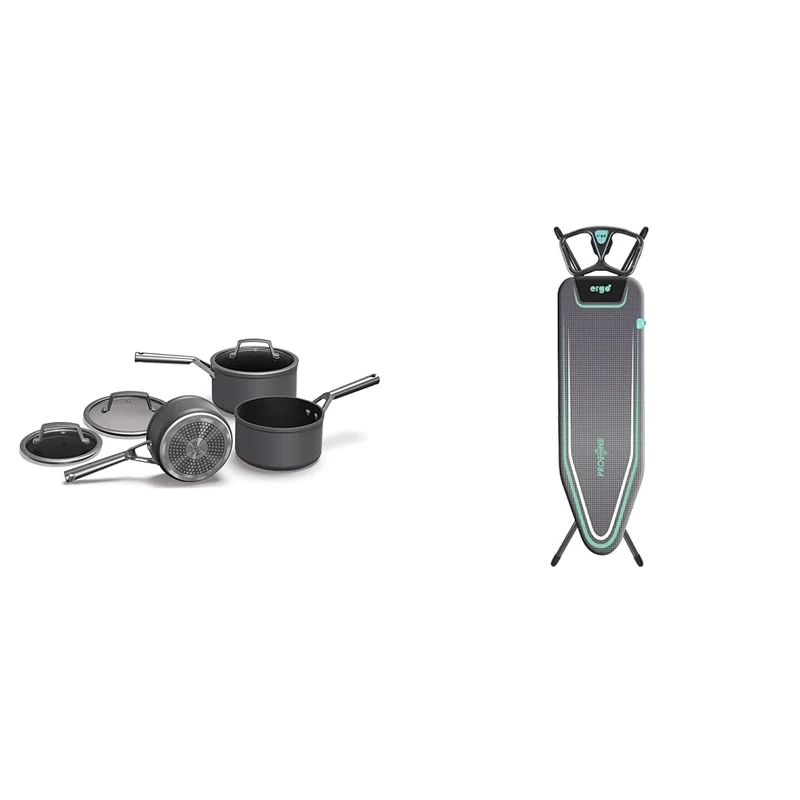 Ninja ZEROSTICK Premium Cookware 3-Piece Saucepan Set with Glass Lids, Non Stick 3 Pan Set & Minky Ergo Mint Prozone Ironing Board, Black, 122 x 38cm [Amazon Exclusive]